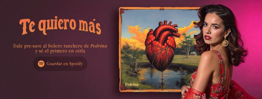 Pedrina con fondo simbólico de lotería mexicana y el título “Te Quiero Más”.
