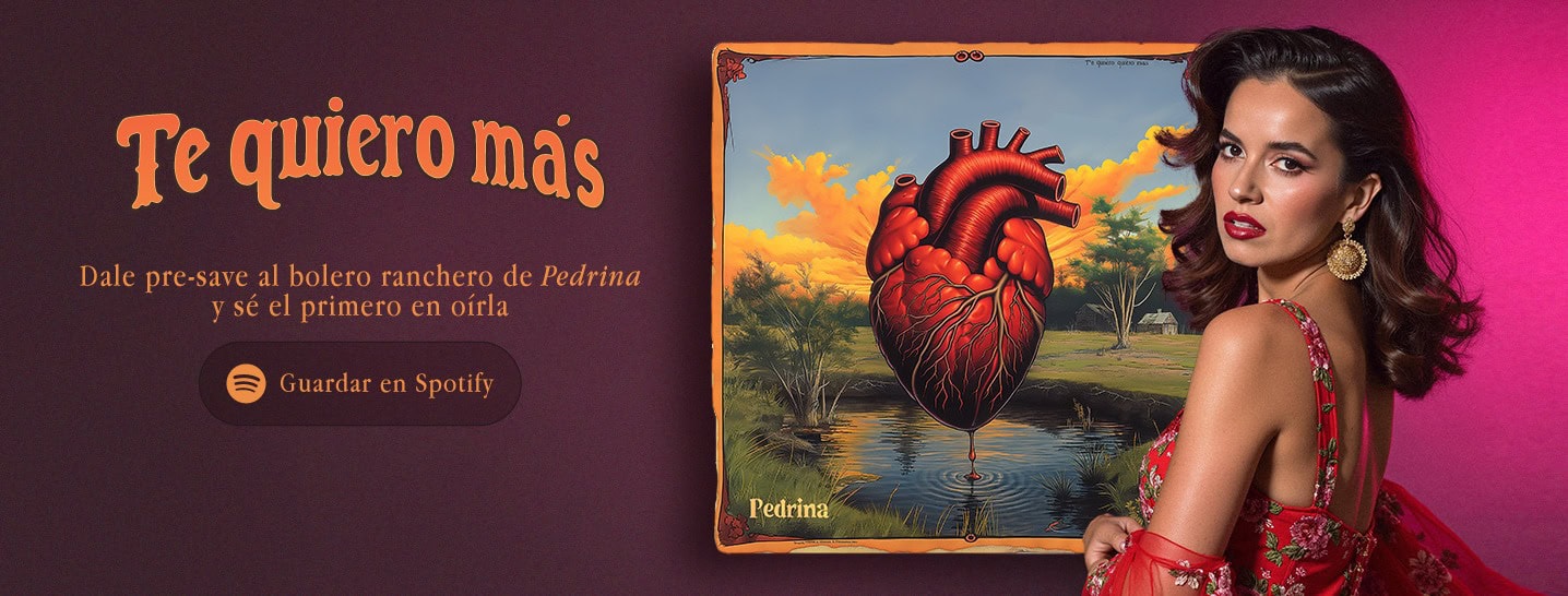 Pedrina con fondo simbólico de lotería mexicana y el título “Te Quiero Más”.
