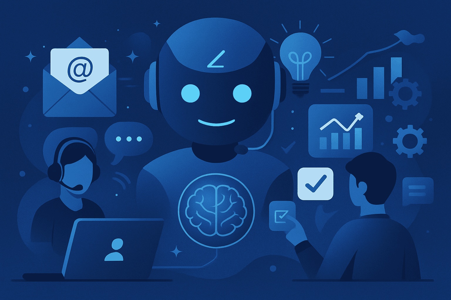 Ilustración conceptual de inteligencia artificial optimizando el servicio al cliente.